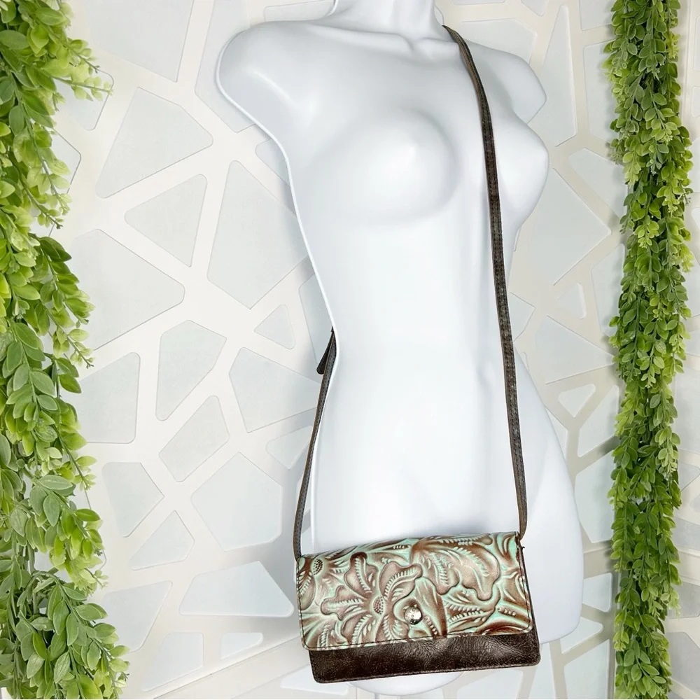 Patricia Nash Balloi Tooled Turquoise Floral Leather Crossbody Bag